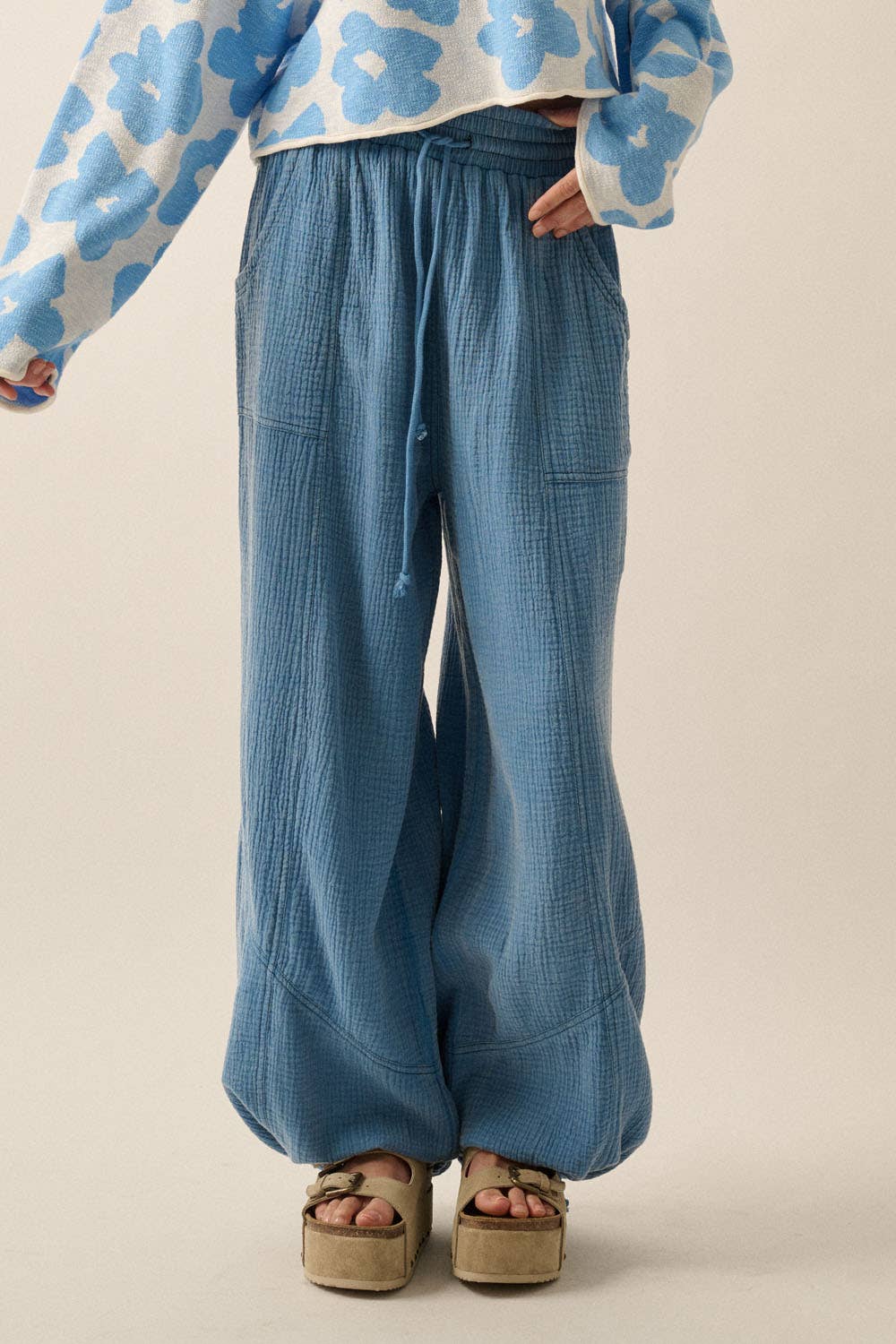 Promesa USA - Mineral Washed Crinkle Cotton Parachute Pants: Faded Blue / S $79