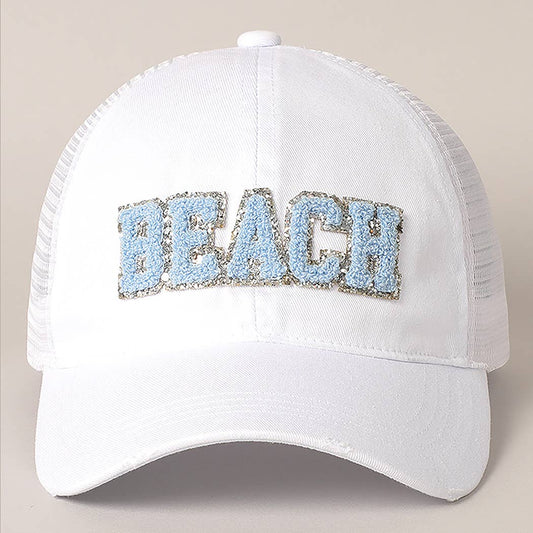 Fashion City - BEACH Chenille Letter Patch Mesh Back Baseball Cap: One Size / WHITE $29